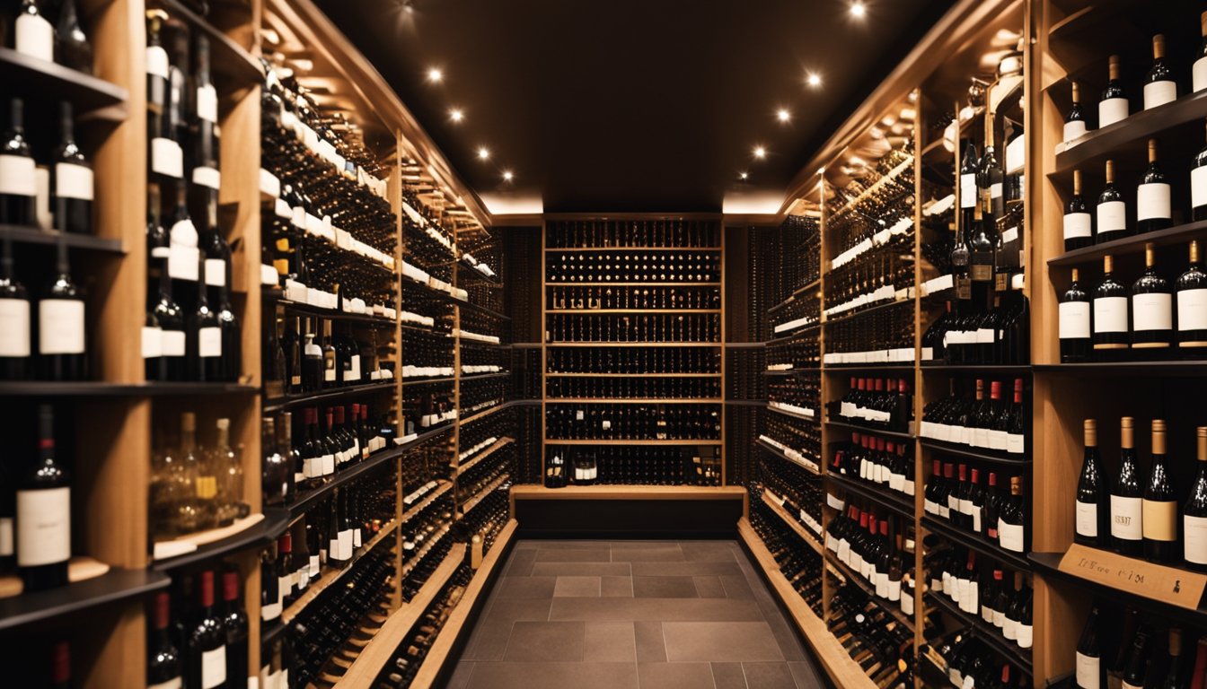 A well-organized wine cellar with labeled shelves, temperature control, and proper lighting for showcasing a variety of wine bottles for different occasions