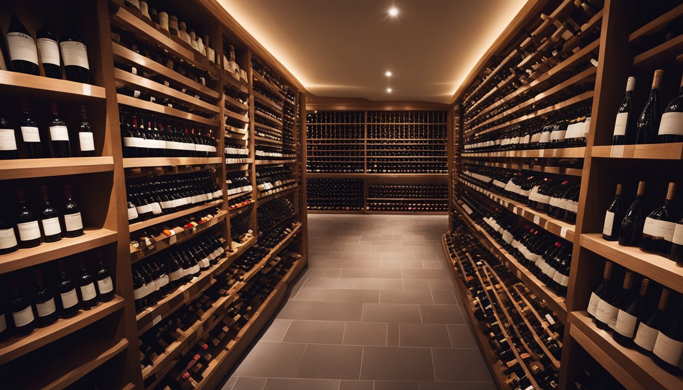 A well-organized wine cellar with labeled shelves, temperature control, and a variety of wine bottles neatly arranged