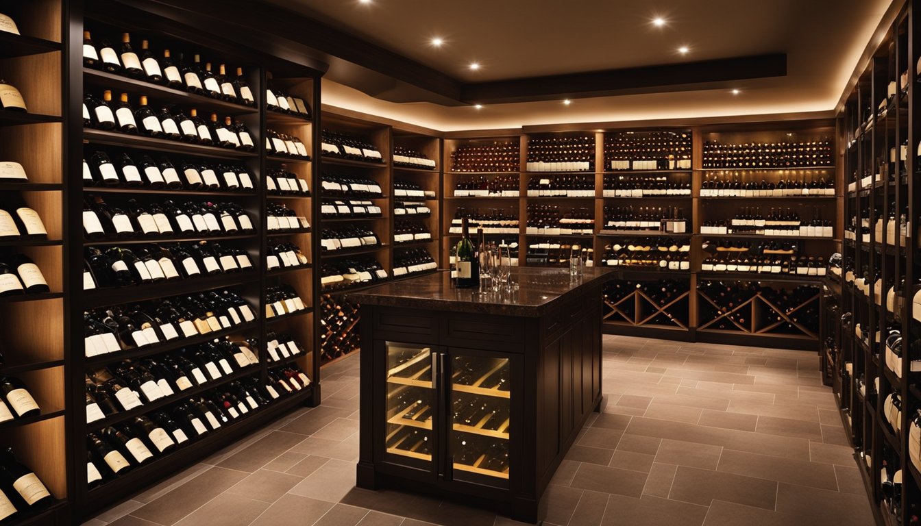 A well-organized wine cellar with labeled shelves, temperature control, and proper lighting. Various wine bottles neatly arranged, with space for easy access and viewing