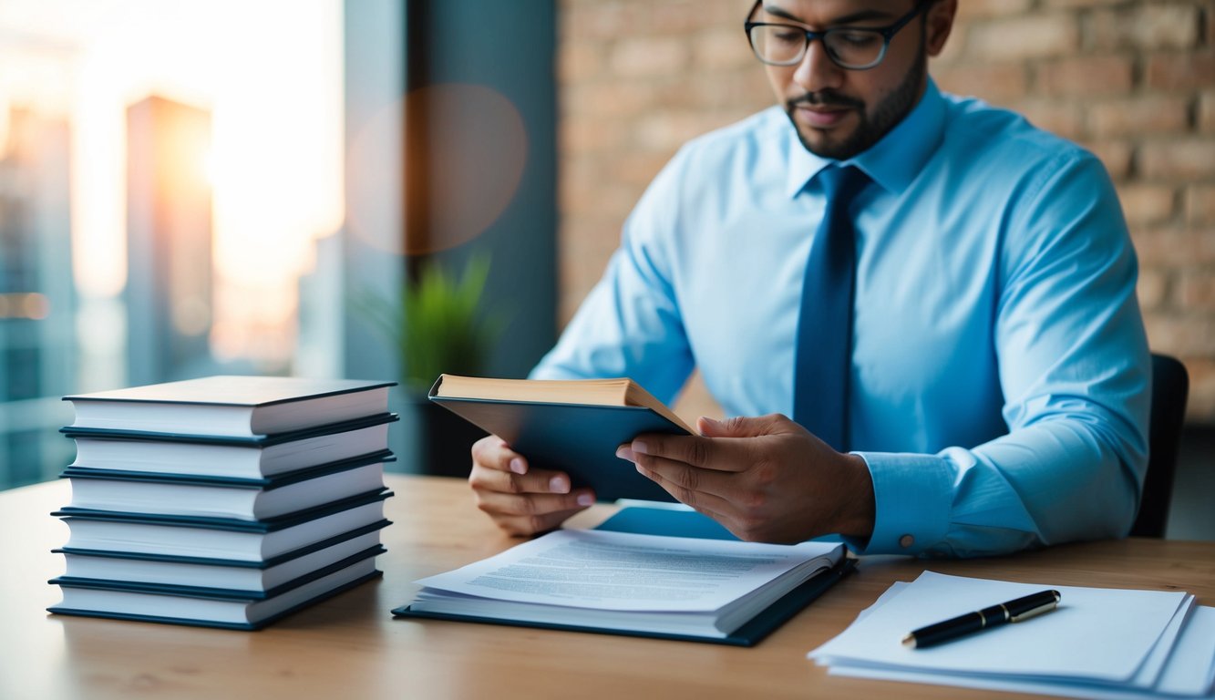 A small business owner studying a book on employment laws with a stack of papers and a pen on the desk