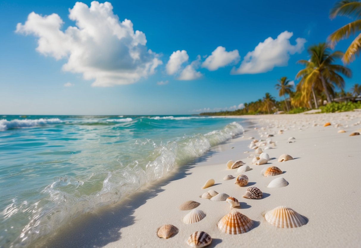 Crystal-clear water, white sandy beach, palm trees, and seashells scattered along the shore. Waves gently breaking on the sand