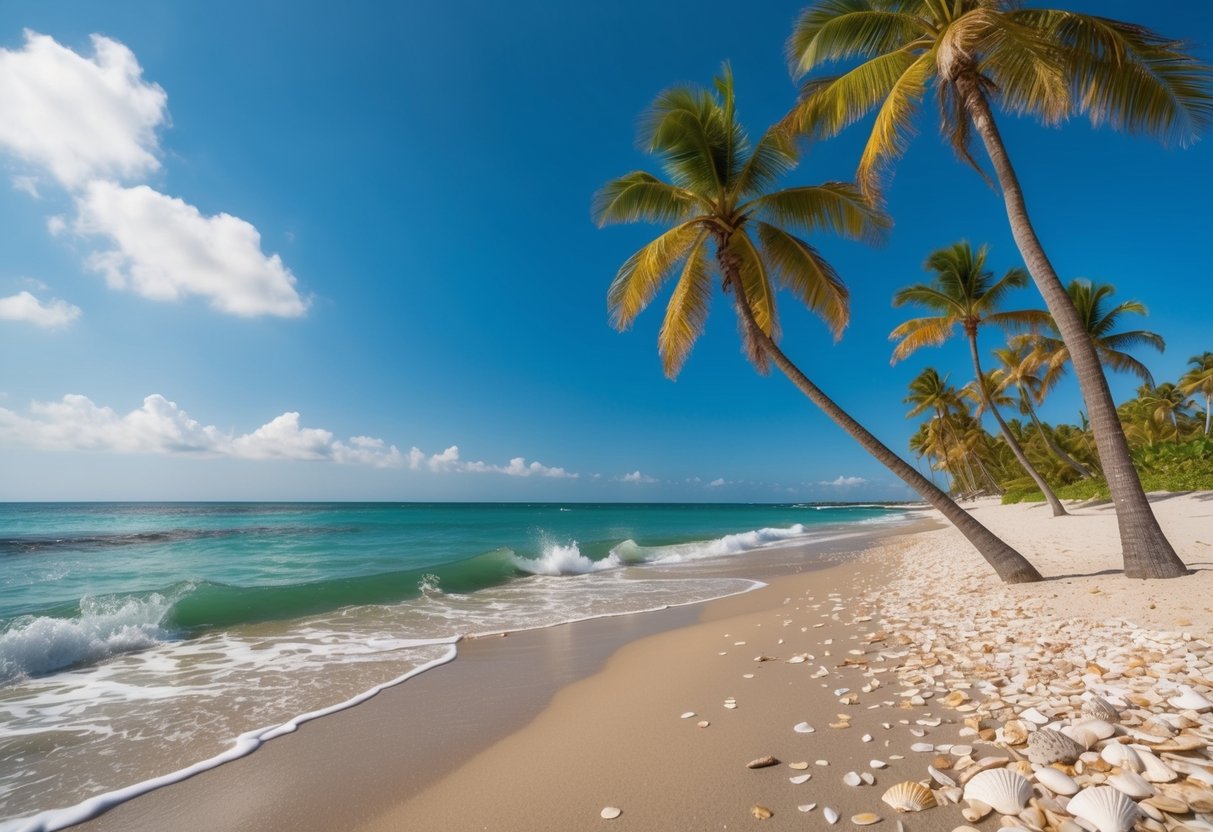 Sandy beach with clear blue water, palm trees, and scattered seashells. Waves gently breaking on the shore. Sunny sky with few fluffy clouds