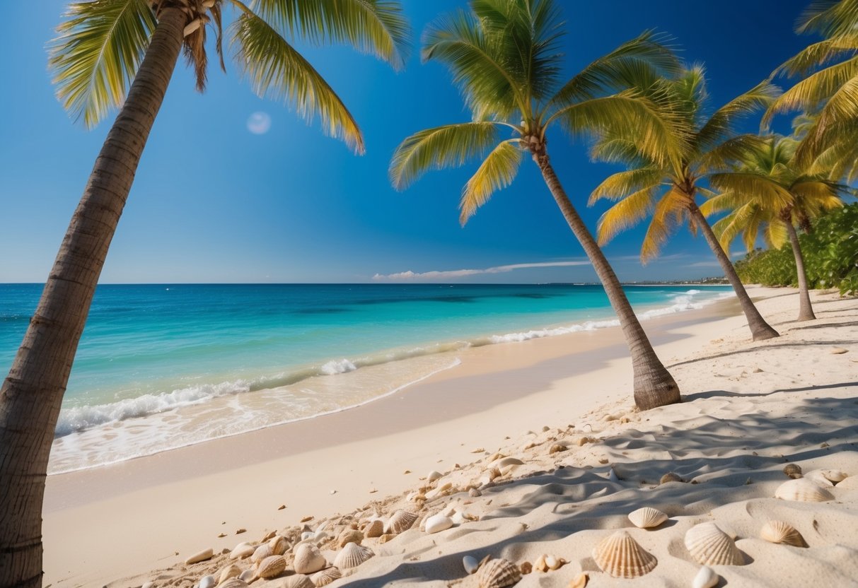 Sandy beach with clear blue waters, palm trees, and shells scattered along the shore. Waves gently rolling in, with a bright sun in the sky