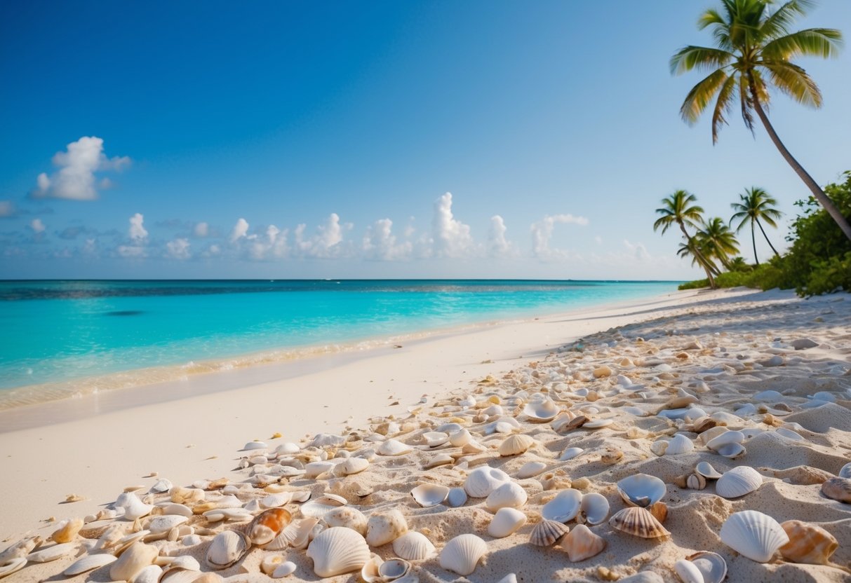 Sandy beach with clear turquoise waters, scattered seashells, and palm trees along the shore in Turks and Caicos Islands