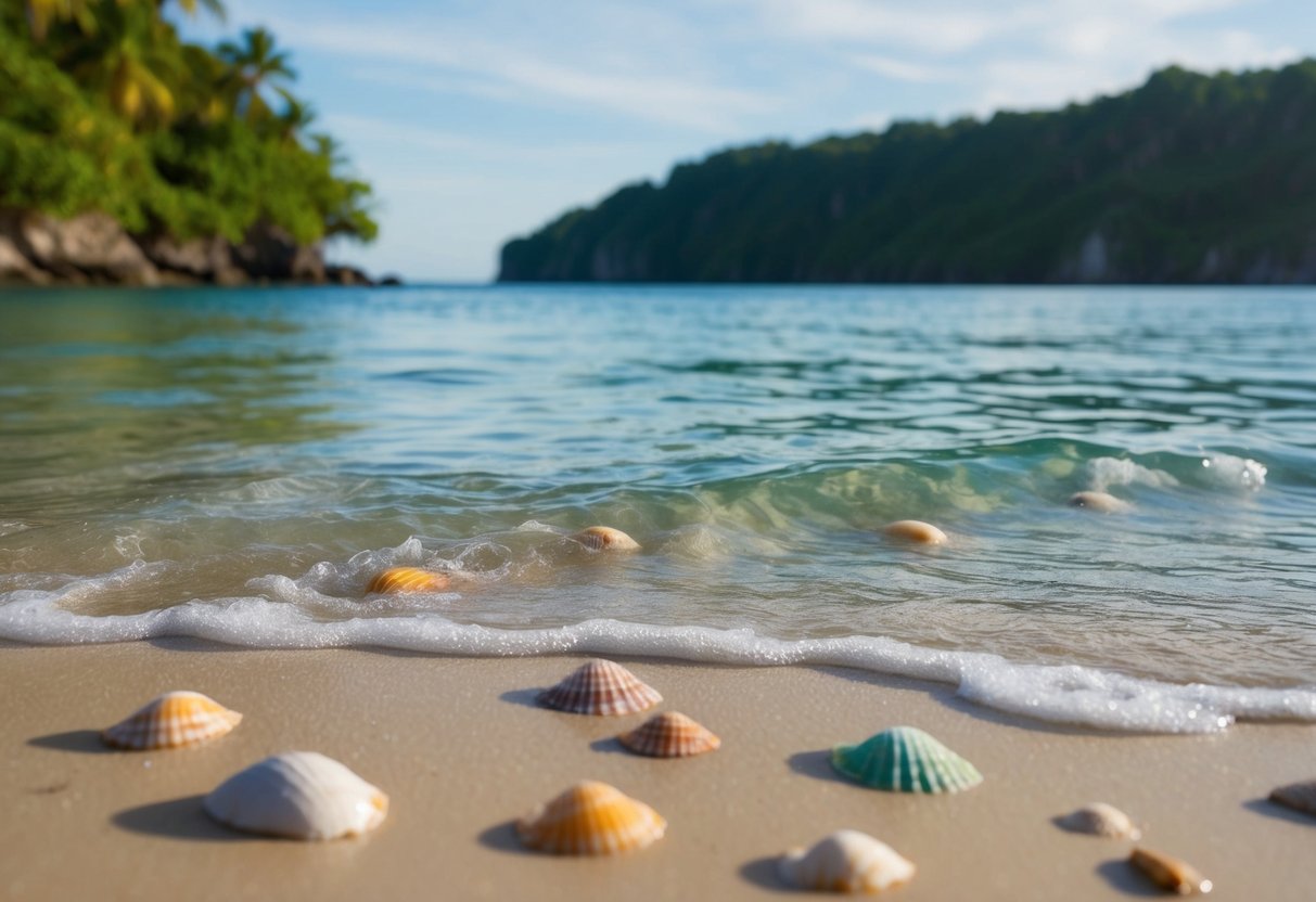 A serene beach with crystal-clear waters, dotted with colorful seashells and surrounded by lush greenery. Waves gently lapping against the shore create a tranquil atmosphere