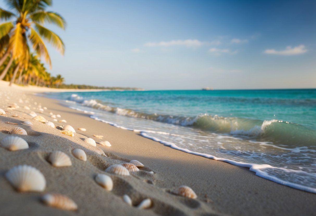 Sandy beach with palm trees, clear blue water, and seashells scattered along the shore. Waves gently breaking on the sand