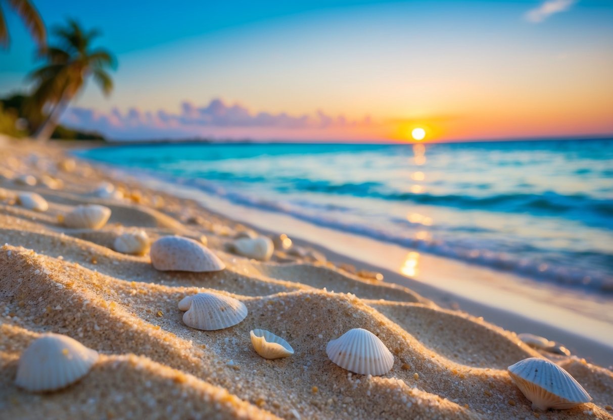 Sandy shorelines with scattered shells, clear blue waters, palm trees swaying in the breeze, and a vibrant sunset on the horizon