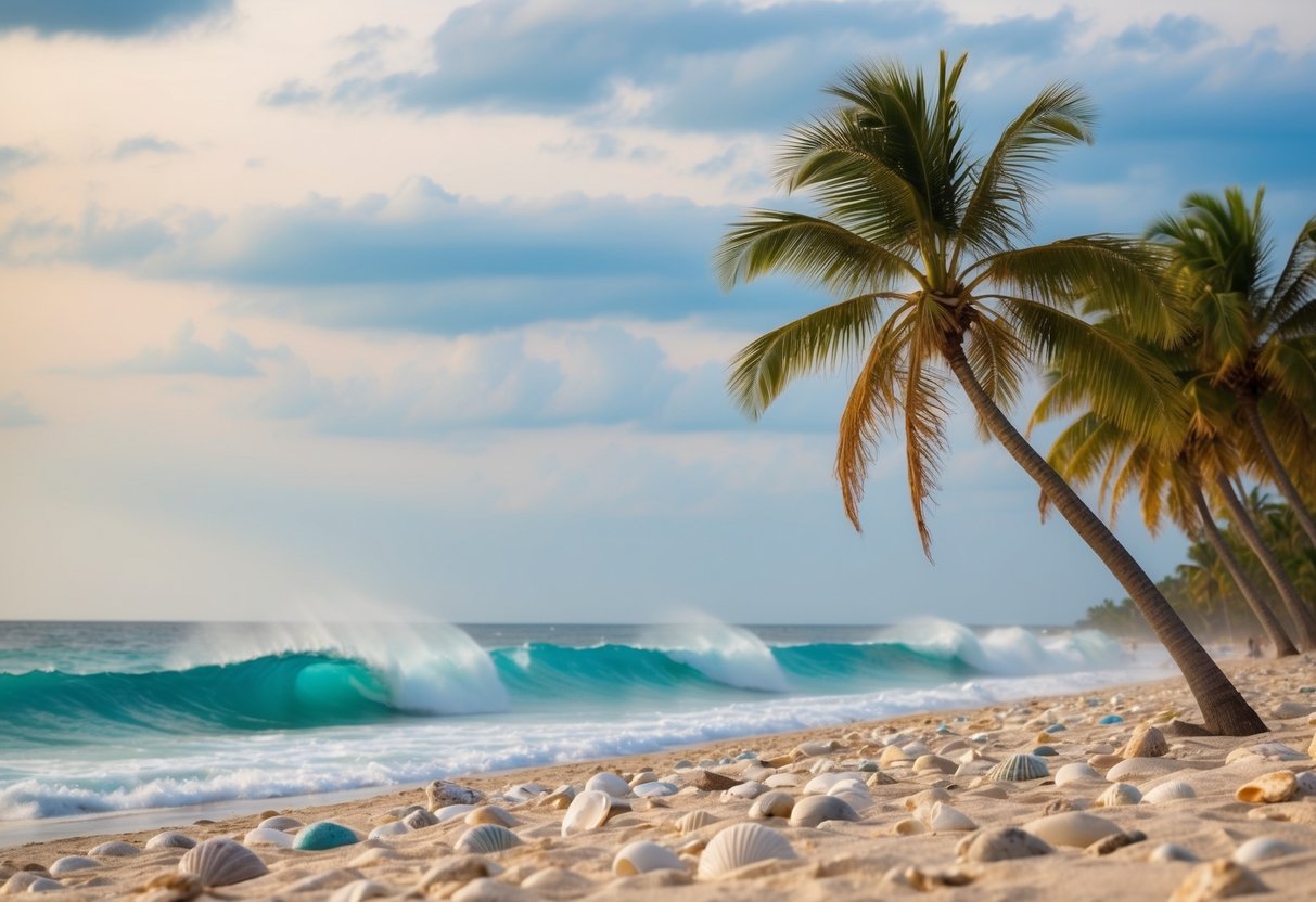 Sandy beach with scattered shells, palm trees, and turquoise ocean waves crashing on the shore