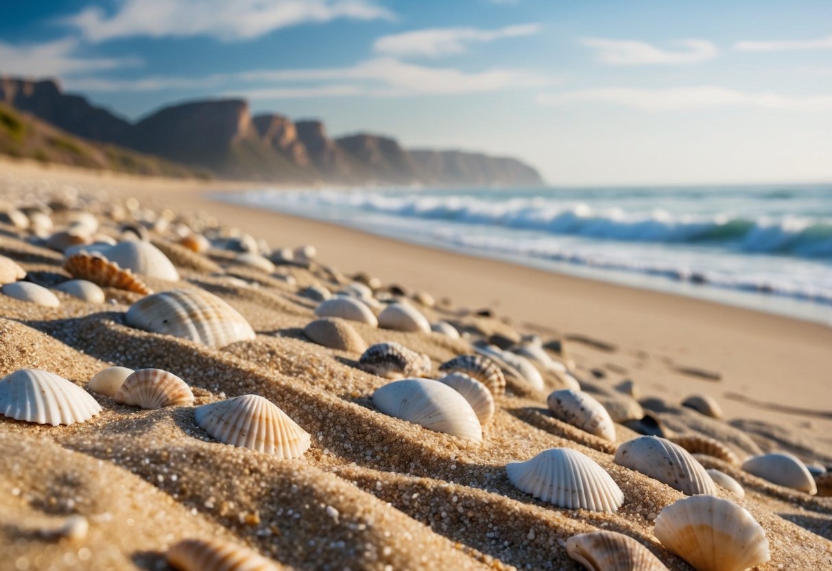 Sandy shorelines with scattered seashells, rolling waves, and distant cliffs along the coastline of South Africa