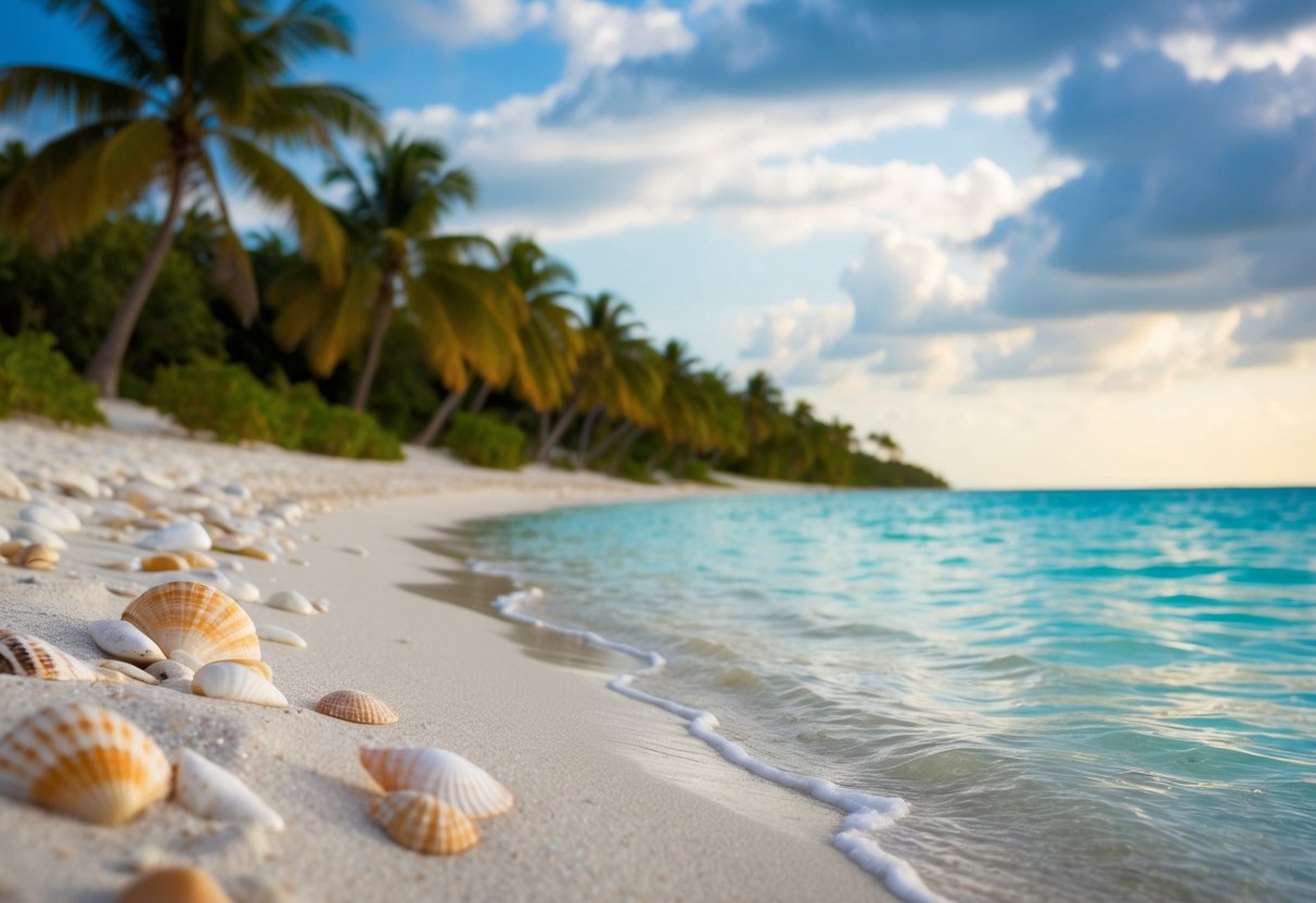 Sandy shore with crystal clear water, scattered seashells, and palm trees along the coastline in the Cayman Islands