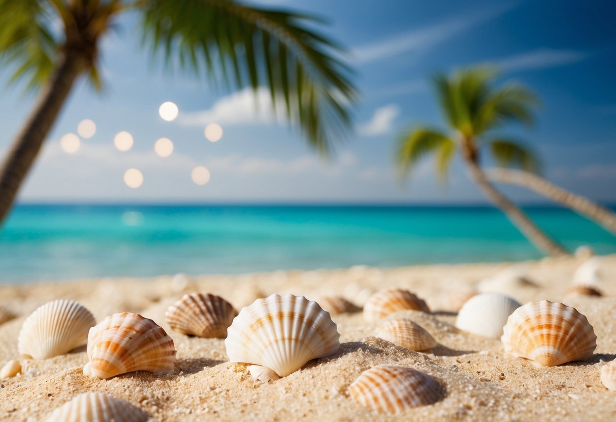 Sandy beach with seashells, palm trees, and clear blue water