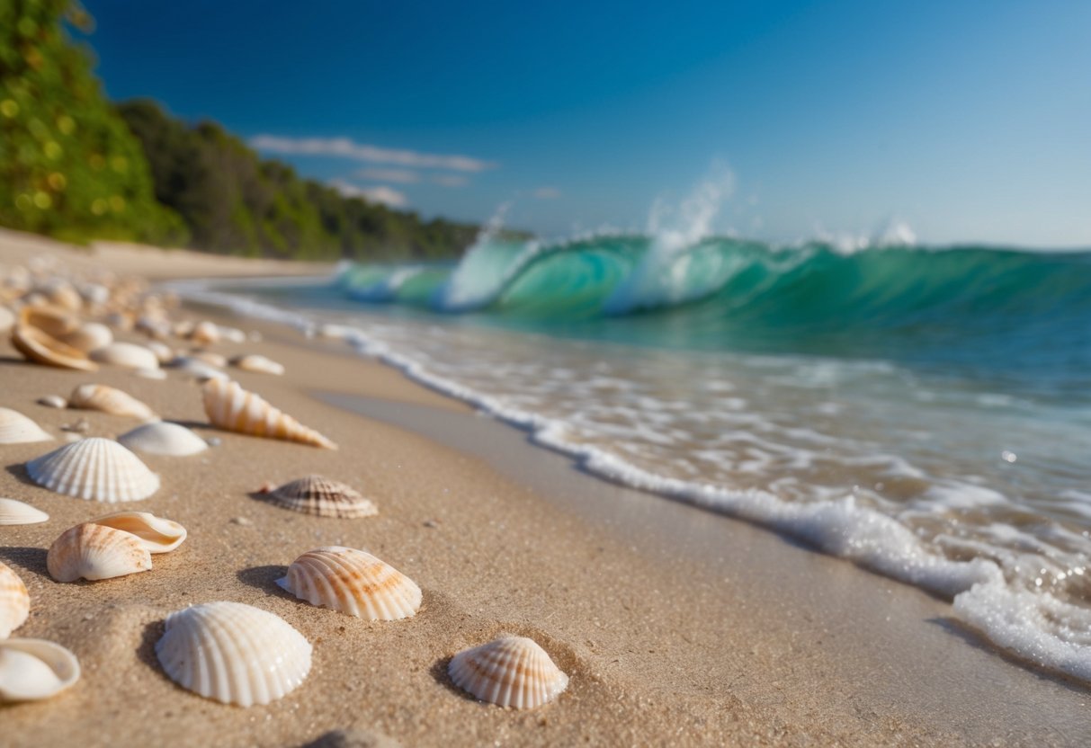 Sandy shorelines with scattered seashells, clear blue waters, and lush greenery in the background. Waves gently crashing on the beach