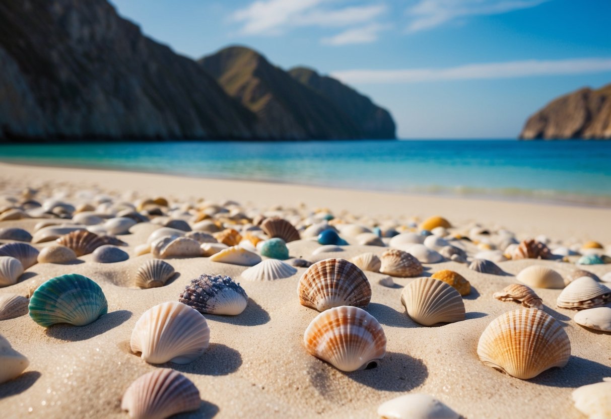 A serene beach with colorful shells scattered across the sand, surrounded by crystal-clear waters and rugged cliffs in the distance