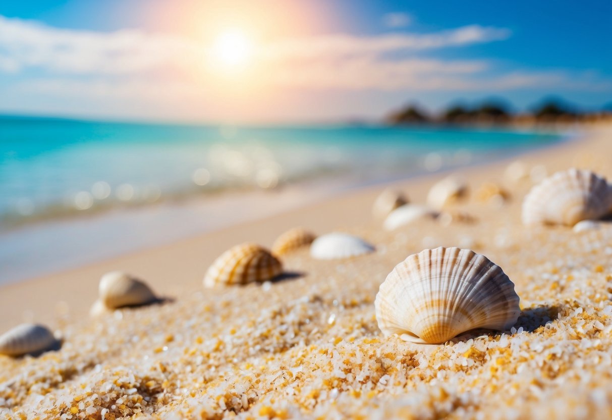 Sandy beach with seashells scattered along the shore. Clear blue water and a bright sunny sky in the background