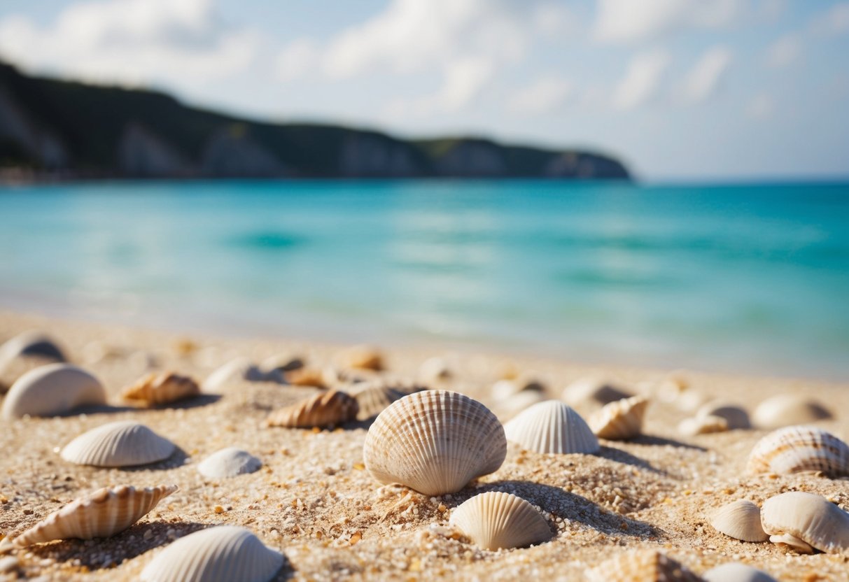 Sandy beach with scattered shells, clear turquoise water, and distant cliffs