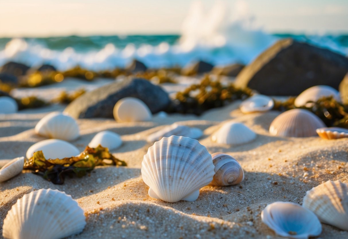 Sandy beach with shells scattered among rocks and seaweed, waves crashing in the background