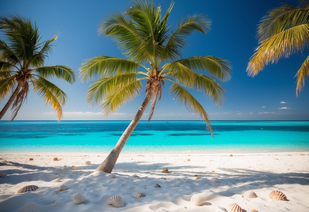 A serene Caribbean beach with crystal-clear water, white sand, and scattered seashells. Palm trees sway gently in the warm breeze under a clear blue sky