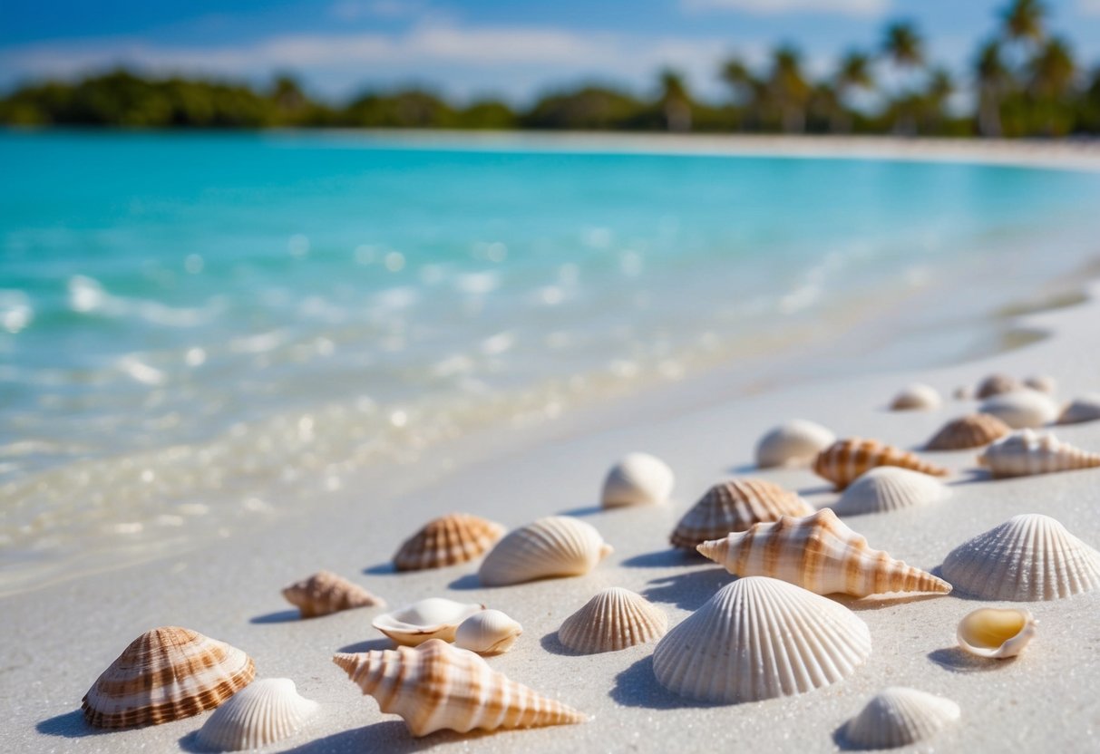 A serene beach with crystal-clear water and white sand. Seashells scattered along the shore, with palm trees in the background