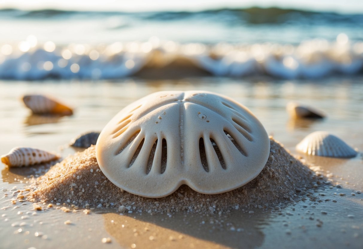 A sand dollar lies half-buried in the wet sand, its delicate pattern of five-fold symmetry glistening in the sunlight. Surrounding it are scattered shells and gentle waves lapping the shore