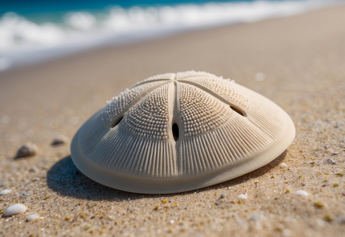 A sand dollar lies on the ocean floor, its round, flat body covered in intricate patterns of radial lines and delicate spines