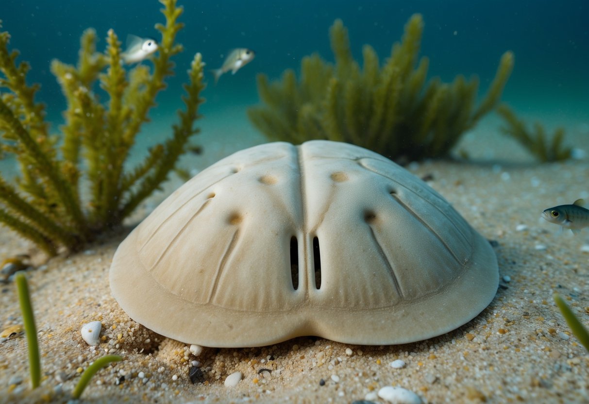 A sand dollar lies on the ocean floor, surrounded by marine plants and small fish. The sand dollar's distinctive pattern is visible as it blends into the sandy substrate