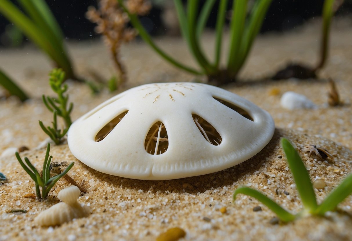 A sand dollar lies on the sandy ocean floor, surrounded by marine plants and small sea creatures. It goes through various stages of growth and decay, eventually becoming a smooth, white skeleton