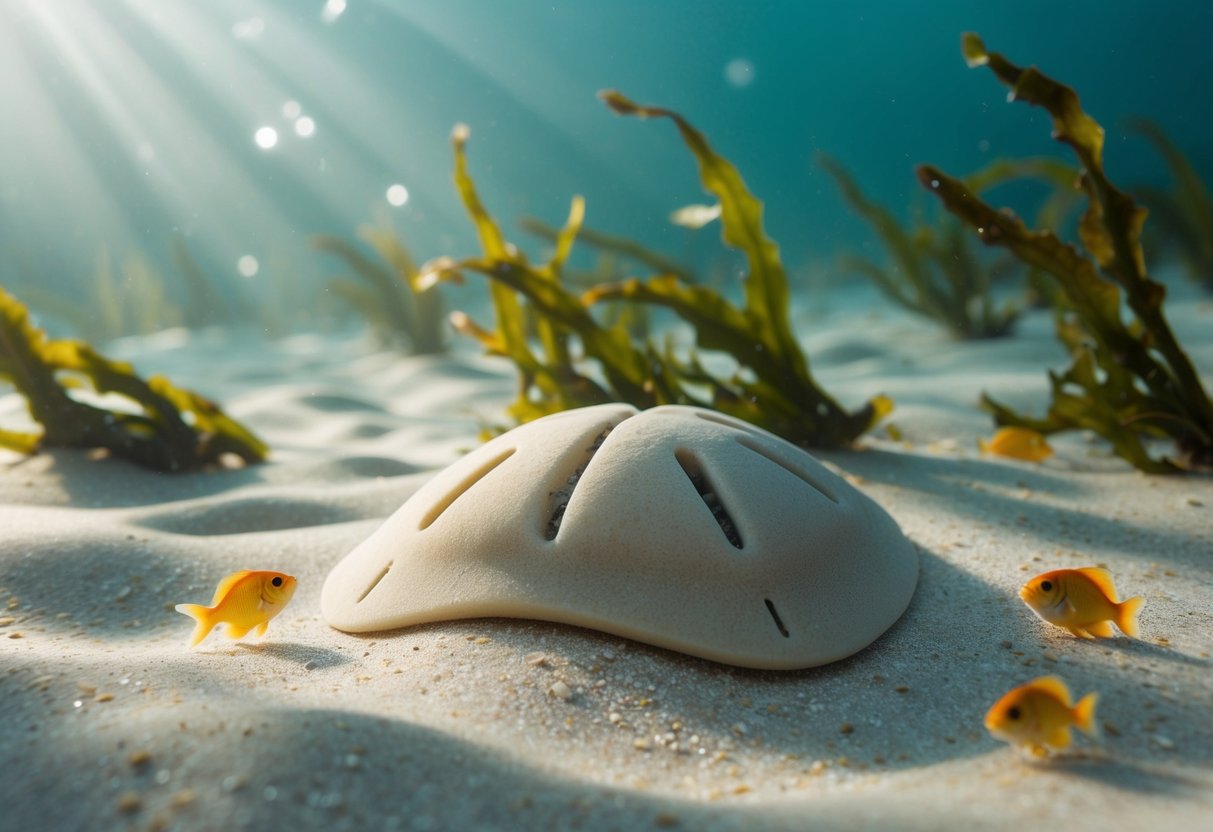 A sand dollar lies on the ocean floor, surrounded by gently swaying seaweed and small, colorful fish. Rays of sunlight filter down through the water, casting a soft glow on the scene