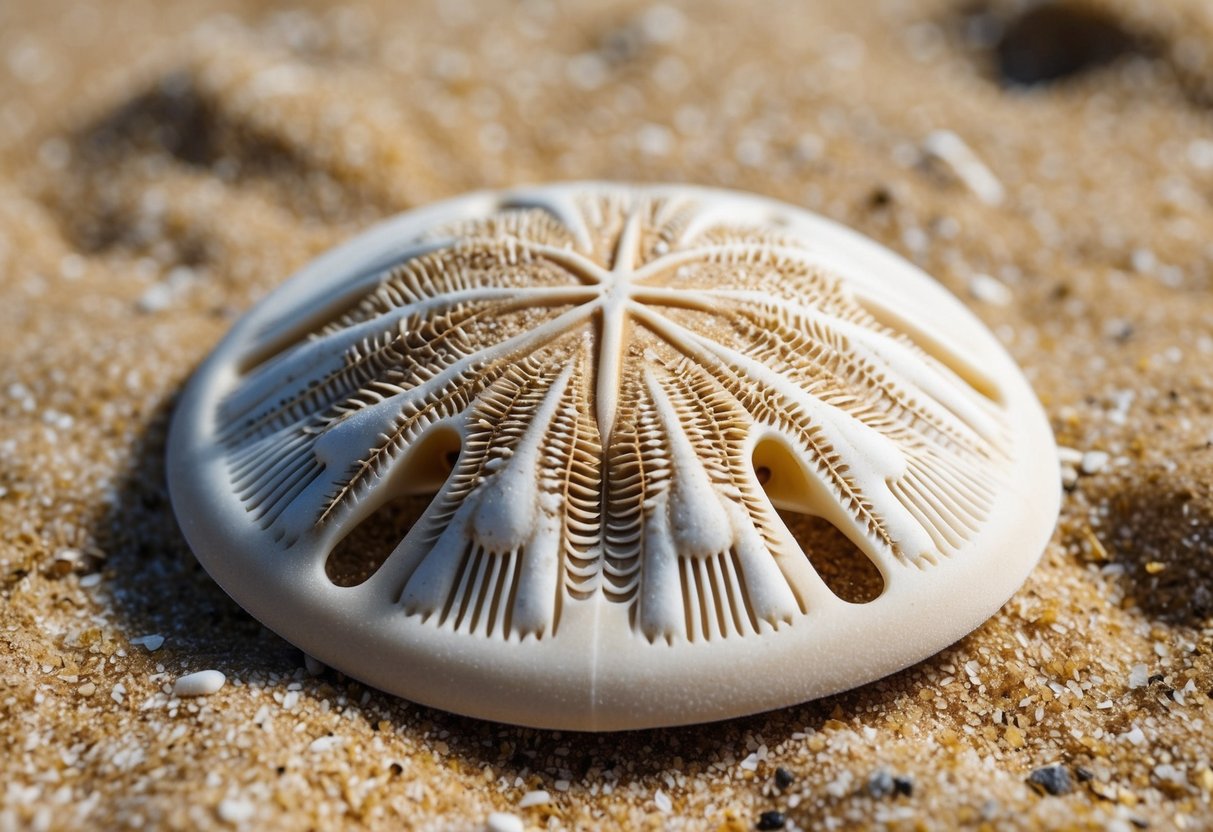 A sand dollar lies on the sandy ocean floor, its round body covered in intricate patterns of delicate spines and petal-like structures