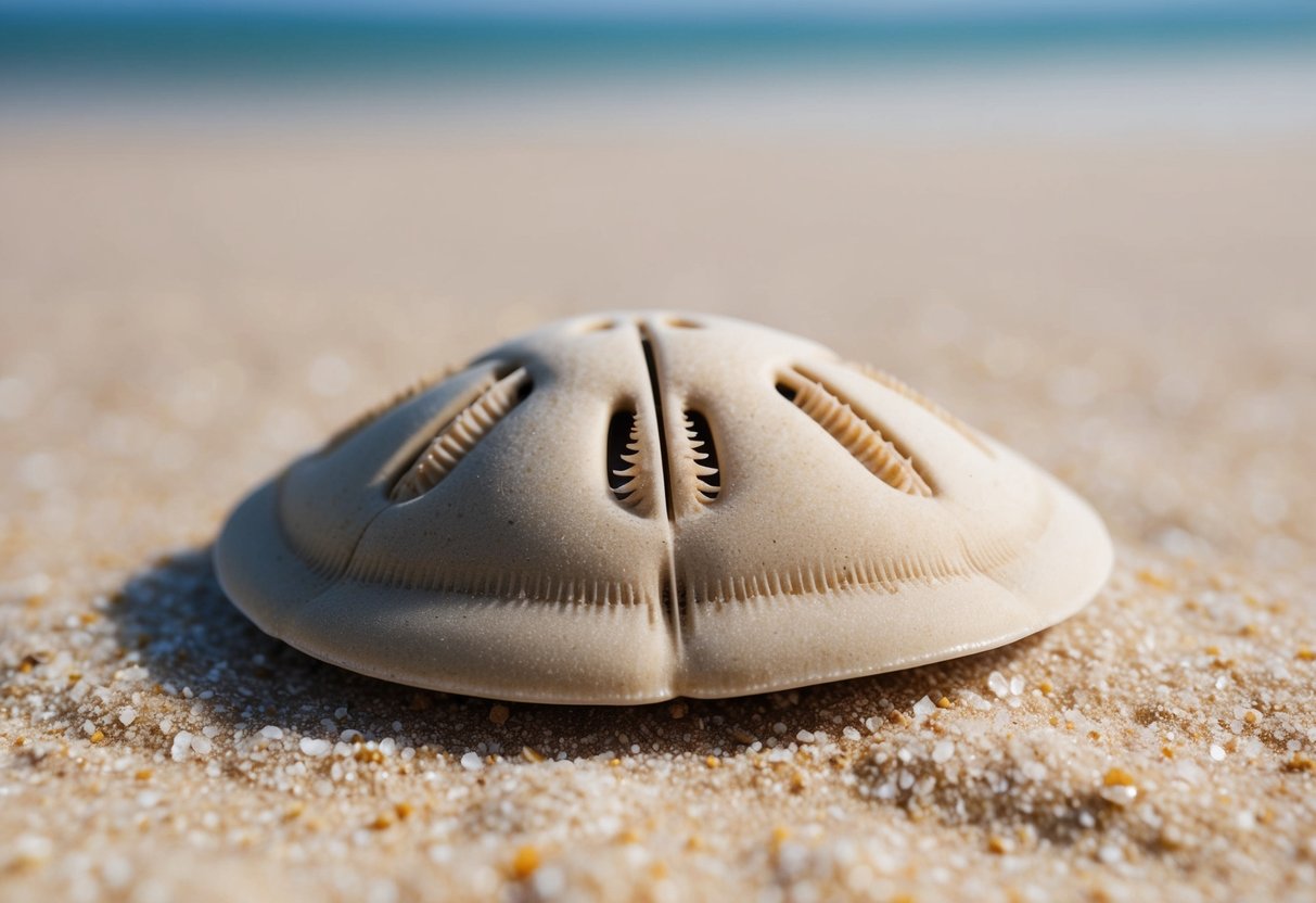 A close-up view of a sand dollar lying on the sandy ocean floor, with its distinctive five-petal pattern and delicate spines visible