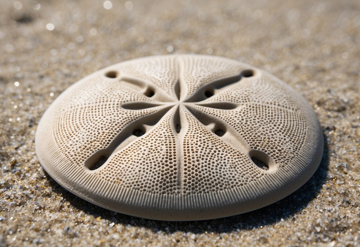 A sand dollar lies on the ocean floor, its round body covered in intricate patterns of fine lines and small pores. Five petal-like structures radiate from the center, creating a delicate and symmetrical form