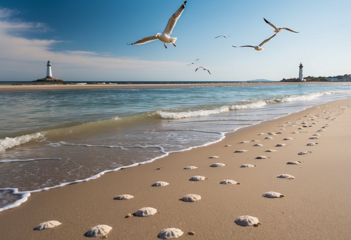 A sandy beach with gentle waves, clear water, and scattered sand dollars along the shore. Seagulls flying overhead and a distant lighthouse on the horizon