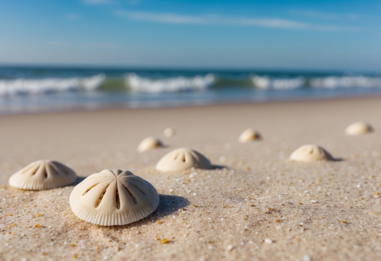 A sandy beach with gentle waves, scattered sand dollars, and a clear blue sky