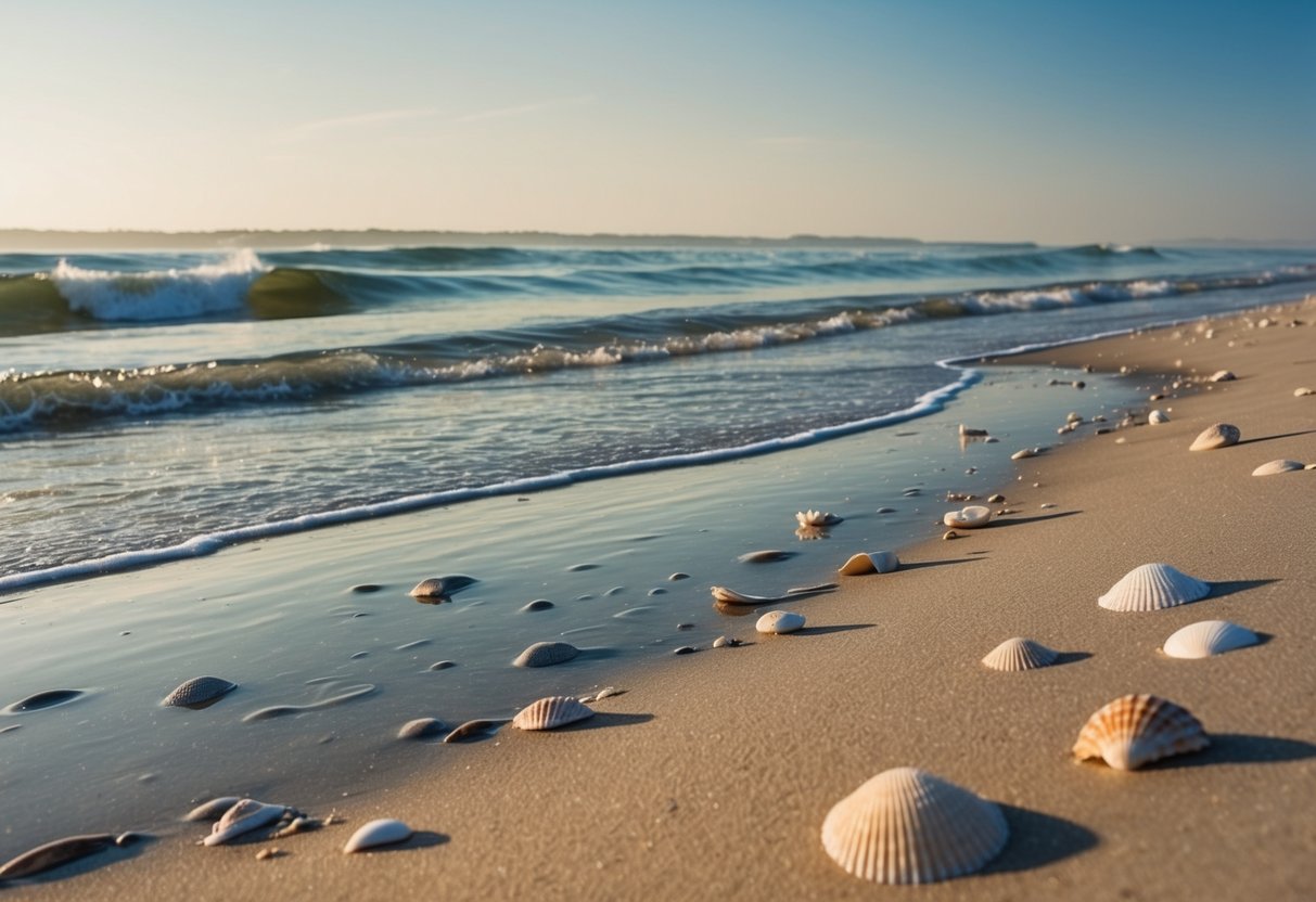 A sandy beach with gentle waves, scattered seashells, and shallow tide pools. Sunlight reflects off the water, creating a serene and peaceful atmosphere