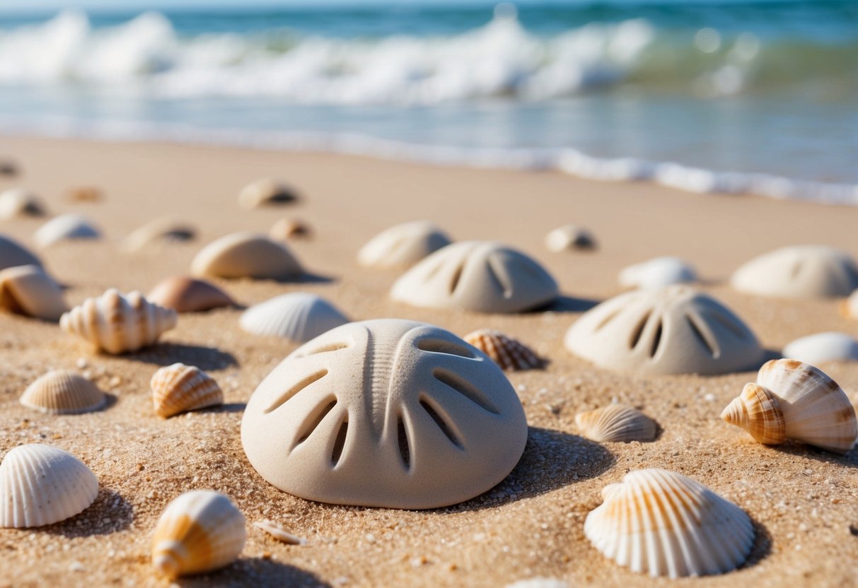 A sandy beach with scattered sand dollars of various sizes and shapes, surrounded by gentle waves and seashells