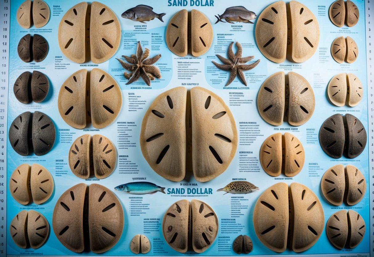 A variety of sand dollar species are arranged in a scientific classification chart, with detailed illustrations and labels for each type