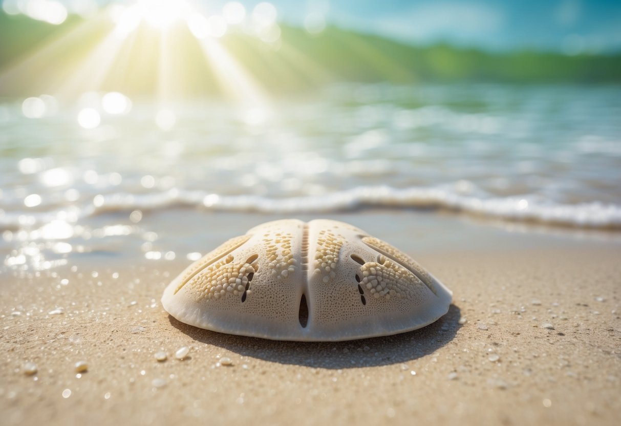 A sand dollar lies on the ocean floor, its flat, round body covered in delicate, symmetrical patterns. Rays of sunlight filter through the water, casting a soft glow on its surface