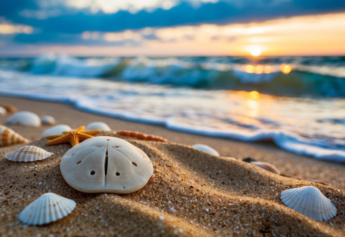 A serene beach at sunset with waves washing up sand dollars, surrounded by seashells and starfish. A lone sand dollar rests on the sand