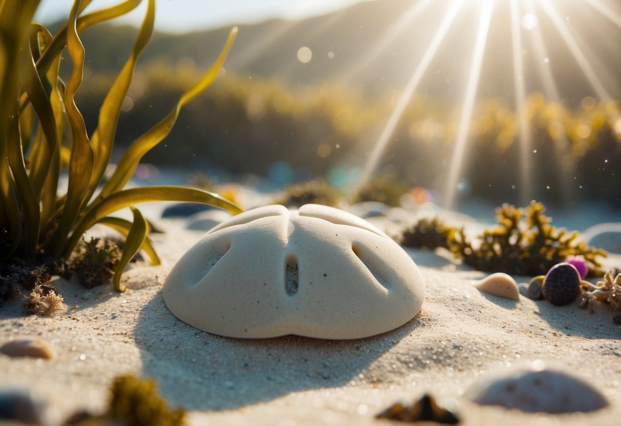 A sand dollar rests on the ocean floor, surrounded by colorful marine life and gently swaying seaweed. Rays of sunlight filter through the water, casting a warm glow on the ocean bed