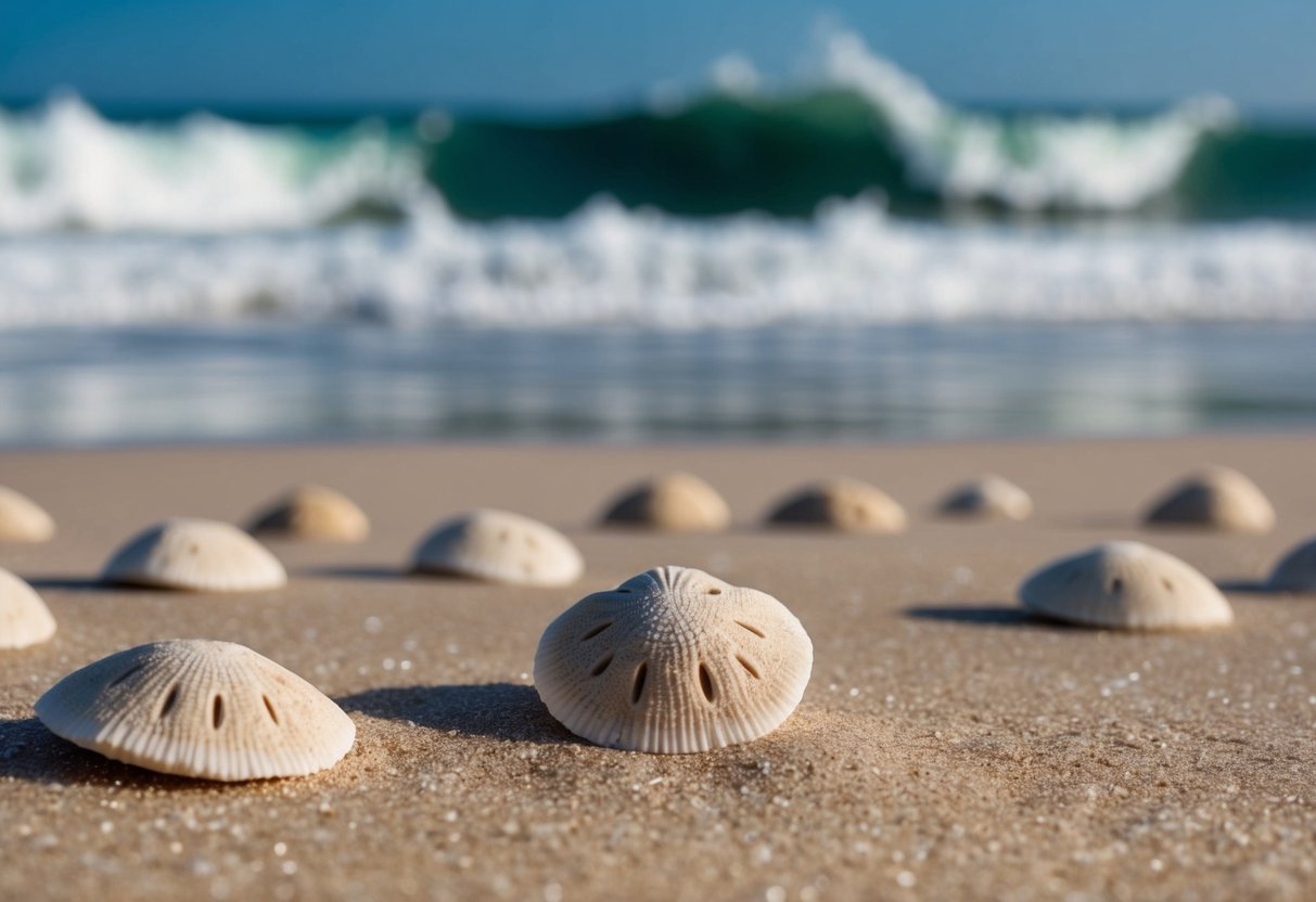 A sandy beach with waves crashing in the background, scattered sand dollars in the foreground, with a sense of mystery and ancient symbolism