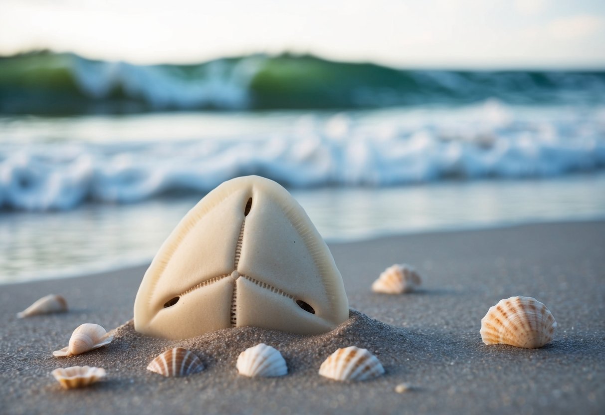 A sand dollar lies half-buried in the wet sand, surrounded by delicate seashells and gently rolling waves