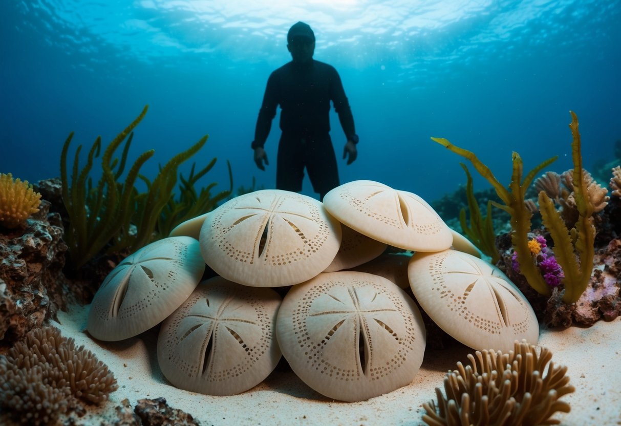 A group of sand dollars clustered together on the ocean floor, surrounded by colorful coral and swaying seaweed. A shadowy figure looms in the background, representing the threats to their population