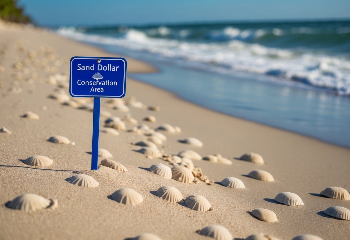 A sandy beach with sand dollars scattered along the shore. A sign nearby reads "Sand Dollar Conservation Area." Waves gently wash over the sand