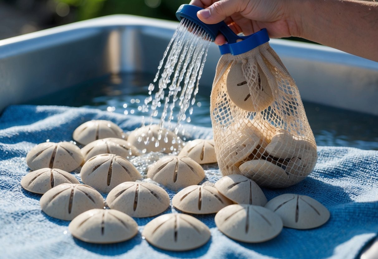 A hand-held mesh bag filled with sand dollars is being rinsed under running water, removing sand and debris. Sand dollars are laid out to dry on a towel