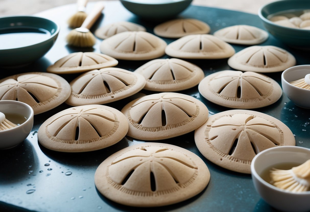 A collection of sand dollars laid out on a table, surrounded by small bowls of water and gentle cleaning brushes