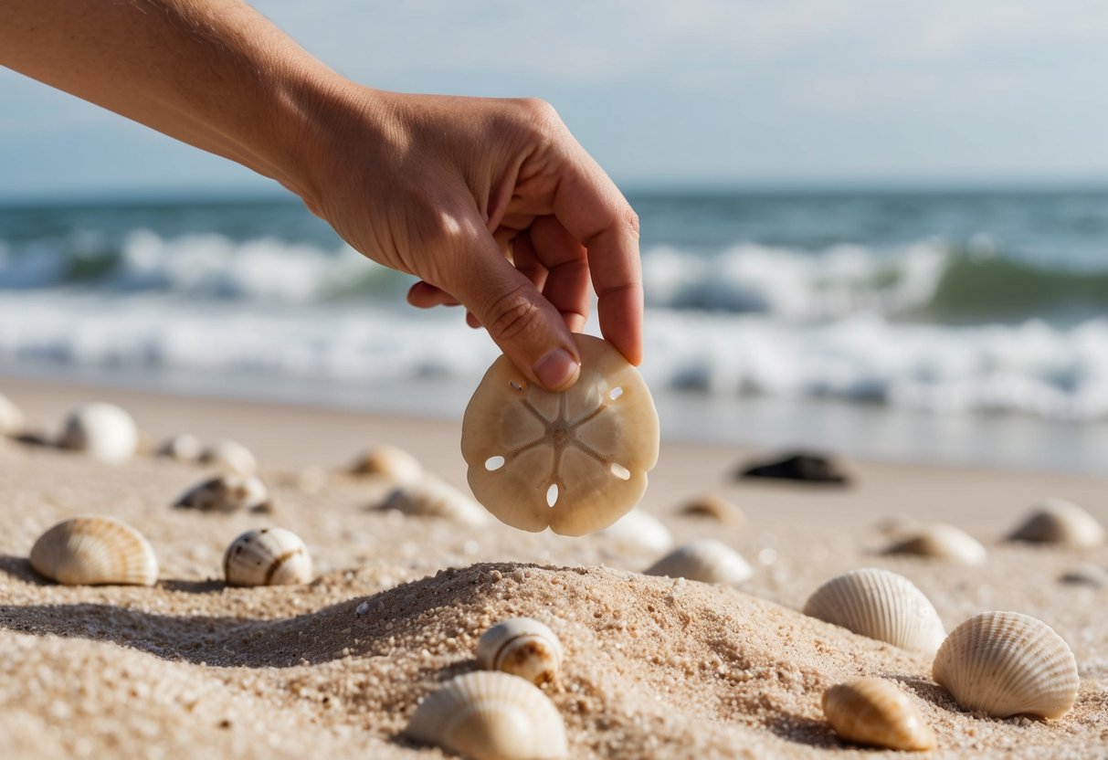 A hand reaches down to pick up a sand dollar from the sandy beach, surrounded by scattered shells and gentle waves