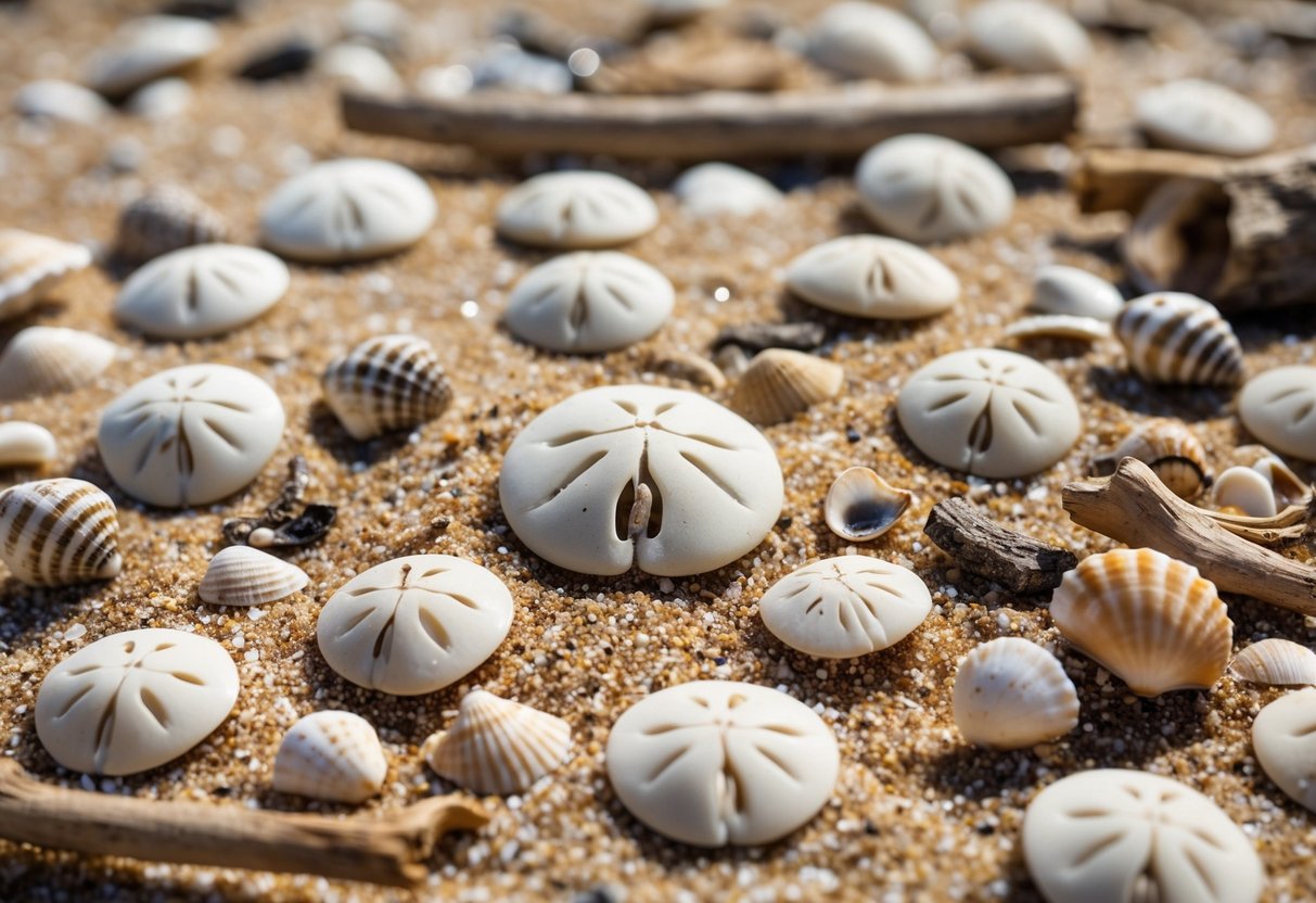 A collection of sand dollars scattered across a sandy beach, surrounded by seashells and bits of driftwood