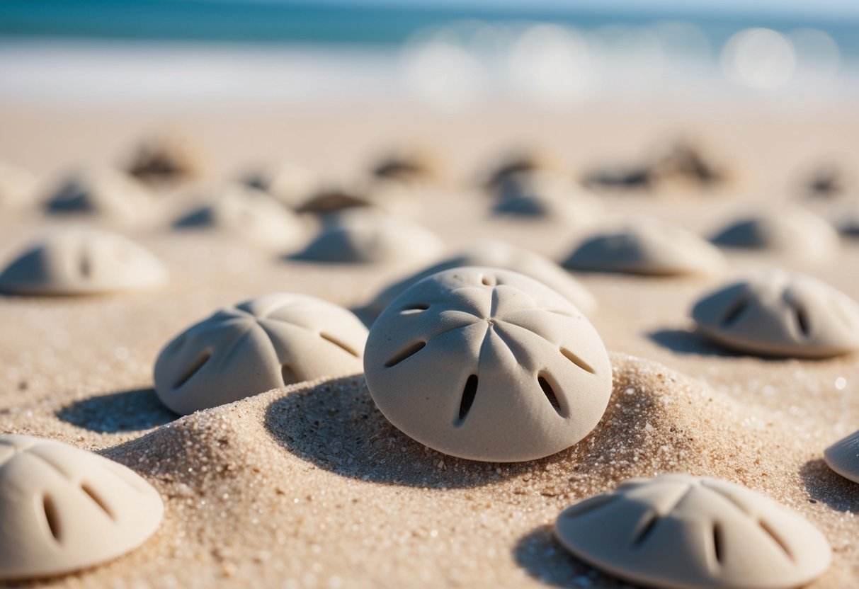 A collection of sand dollars scattered on a sandy beach, with a few partially buried in the soft, sunlit sand