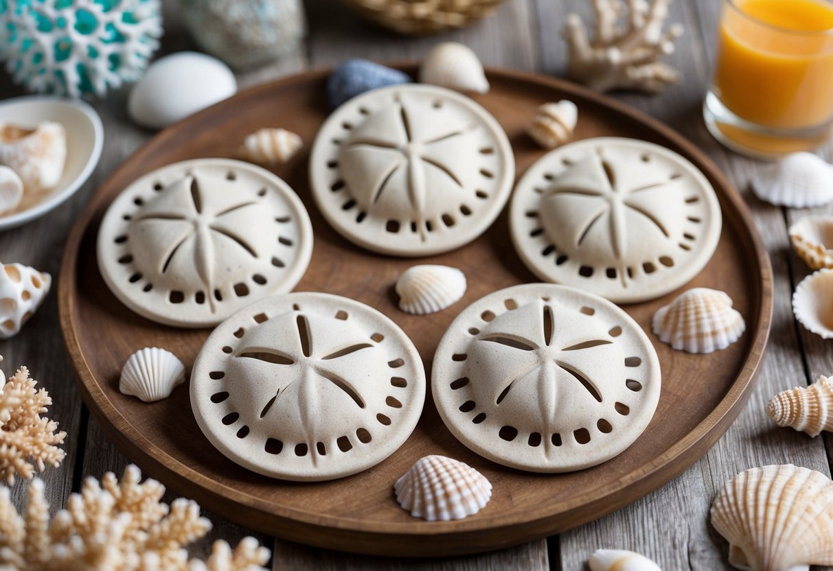 A collection of intricate sand dollar crafts displayed on a rustic wooden table, surrounded by shells, coral, and beach-themed decor