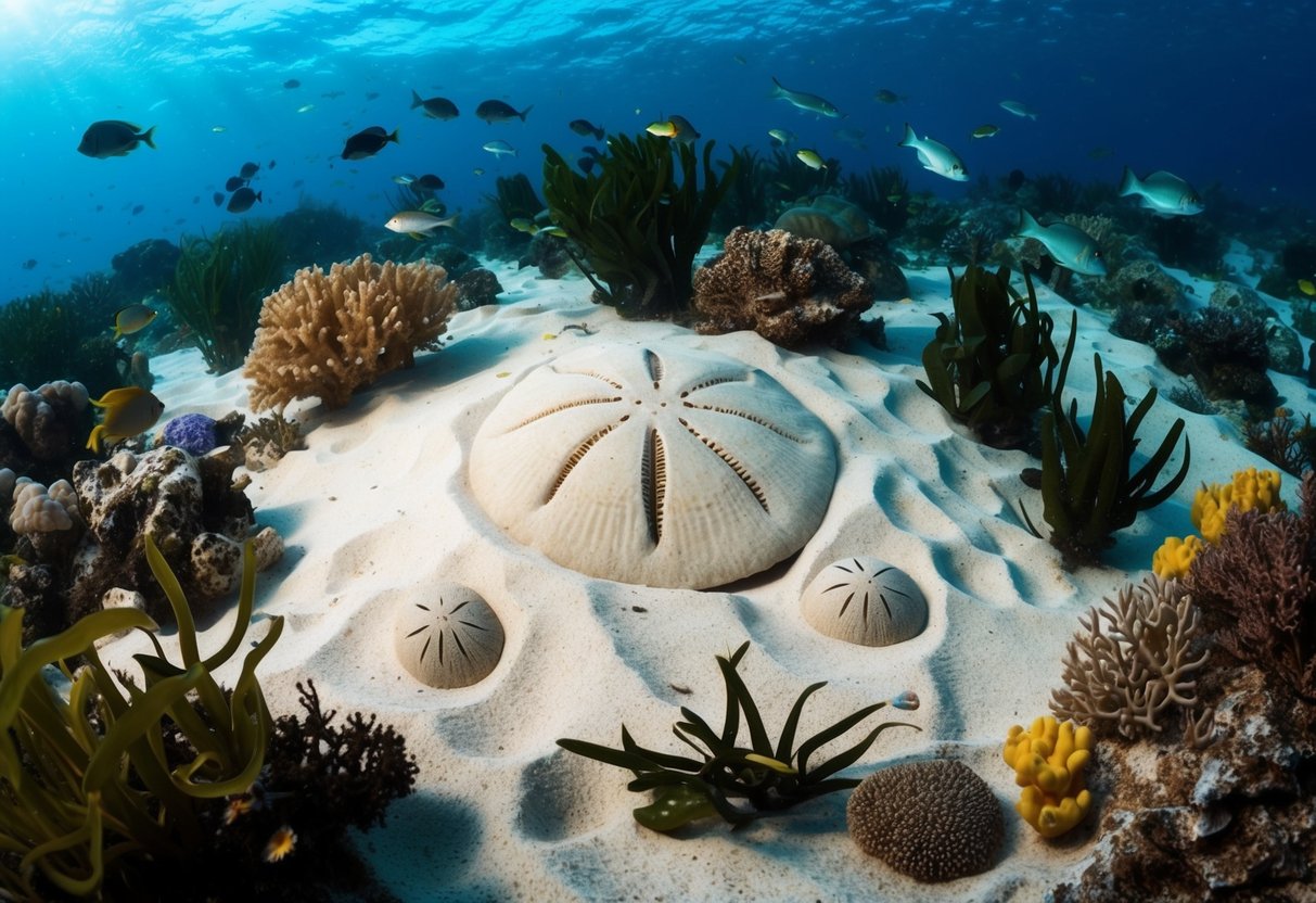 A diverse underwater scene with sand dollars nestled in the sandy ocean floor, surrounded by various marine life such as seaweed, fish, and coral