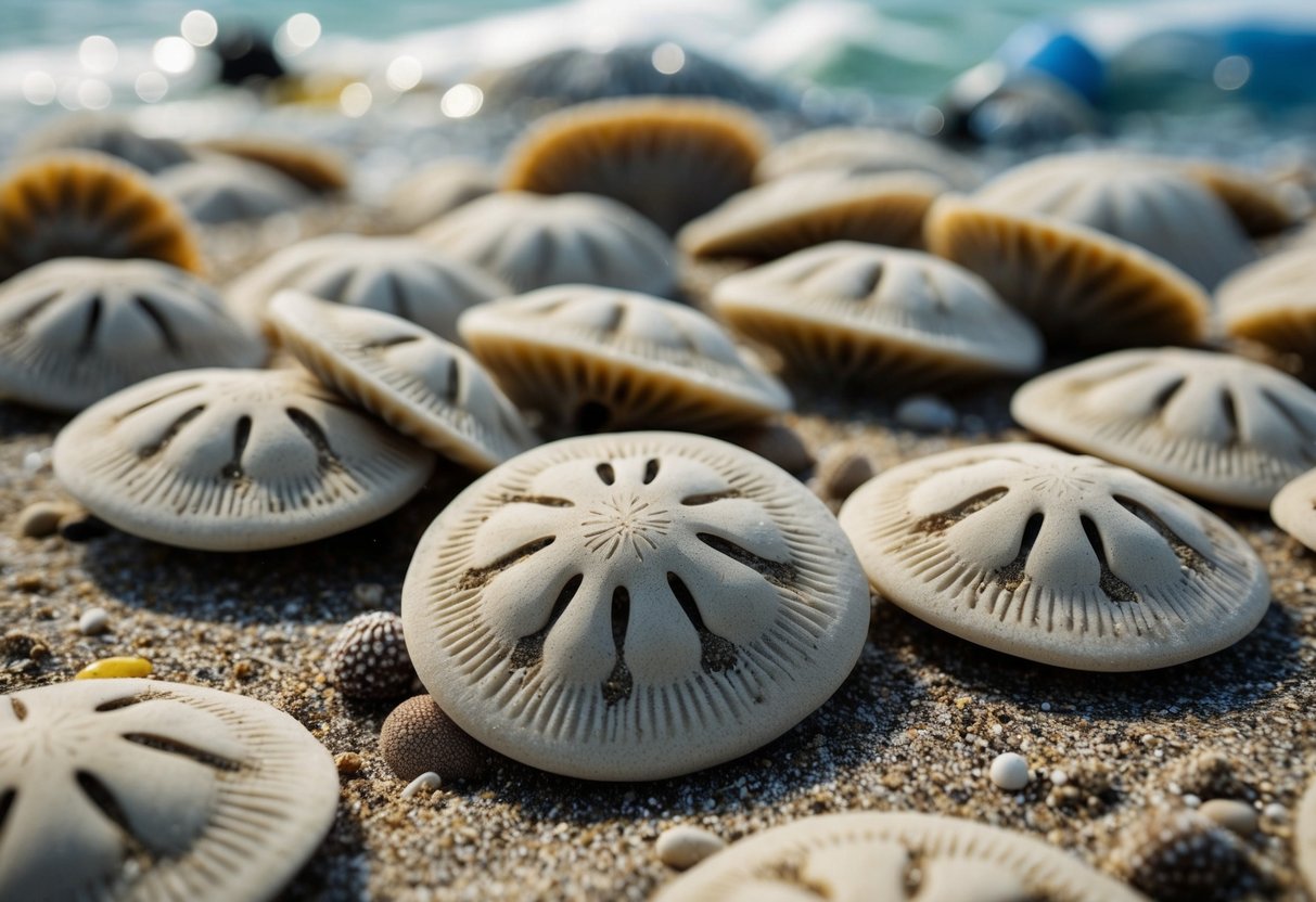 A cluster of sand dollars lies on the ocean floor, their round bodies and intricate patterns visible. Surrounding marine life interacts with the sand dollars, illustrating their role in the marine ecosystem